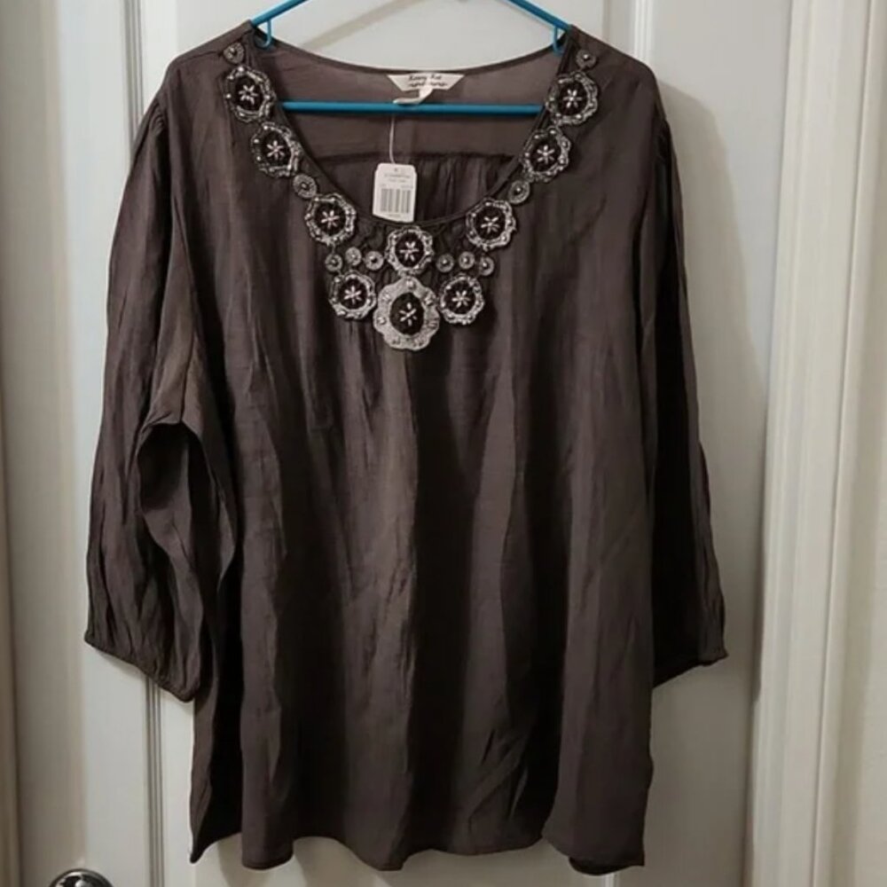 NWT Krazy Kat Gray Beaded Neckline Blouse - Plus Size XXL - 3/4 Sleeve